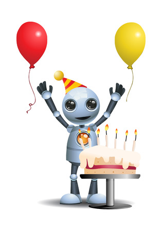 illustration of a little robot got a birthday cake on isolated white backgroundの写真素材