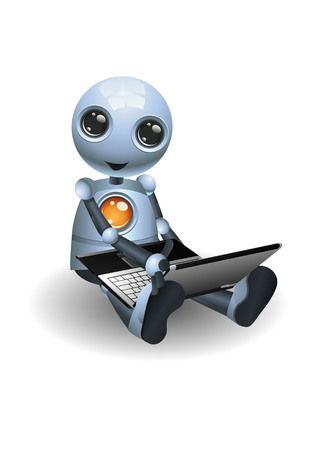 illustration of a little robot sit on using laptop on isolated white backgroundの写真素材