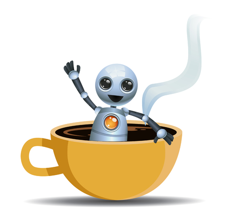 illustration of a little robot playing on cup of coffee on isolated white backgroundの写真素材
