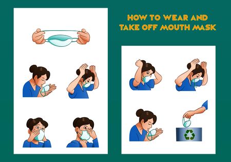 Woman wear and take off mouth mask a personal protective equipmentの写真素材