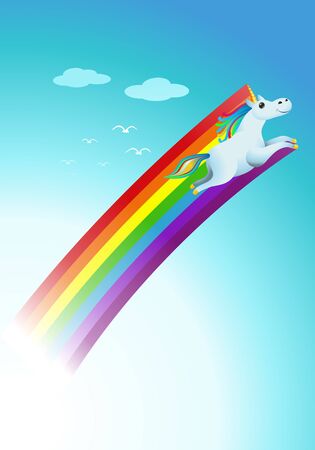 illustration of funny unicorns rainbow fantasy cartoon on blue sky backgroundの写真素材