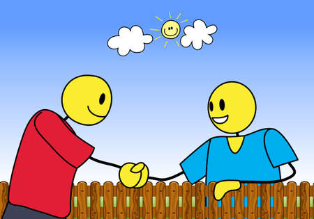 illustration of a stickman neighbour shake hand on nature backgroundの写真素材
