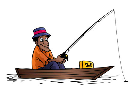 illustration of a cartoonman fishing on boat on isolated white backgroundの写真素材