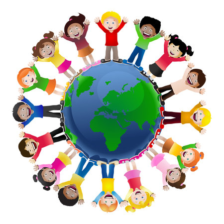 illustration of a global cheer up kids around the world on isolated white backgroundの写真素材