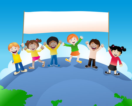 illustration of a multicultural children banner kids  on nature backgroundの写真素材