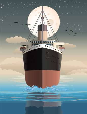 illustration design of an old cruise ship on  ocean backgroundのイラスト素材