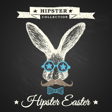 Hipster Easter - easter poster with hipster bunny on chalkboard background のイラスト素材