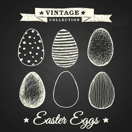 Hand-drawn easter eggs - collection of 6 eggs with various patterns on chalkboard backgroundのイラスト素材