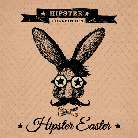 Hipster Easter - easter poster with hipster bunny on the vintage background with repeating geometric tiles of rhombuses のイラスト素材