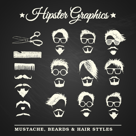 Hipster graphic set with mustache, beards and hair styles on chalkboard backgroundのイラスト素材