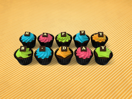 Happy Birthday cupcakes - illustration of colorful muffins witch cream and chocolate letters on vintage stripes background, の写真素材