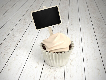 Illustration of muffin in white ramekin with cream and blank chalkboard signboard label on white wood background - gift  for birthaday, motherの写真素材