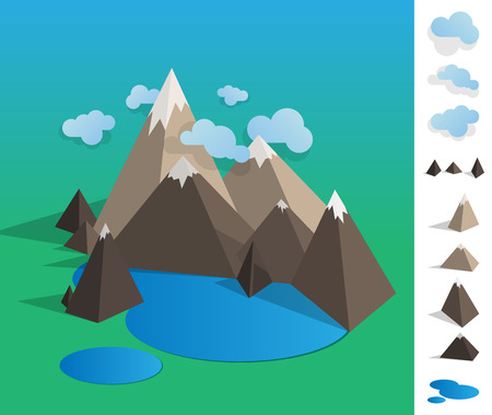 Geometric illustration of mountain landscape with lake, colourfull with used elements set like cloud, mountains, lakeのイラスト素材
