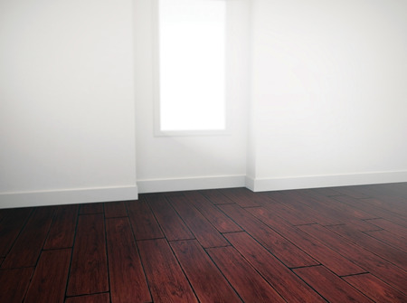 Interior background of white wall and dark wood parquet, illuminated from the window with depth of field - vintage 3d realistic renderの写真素材