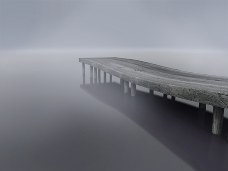 Wooden dock on the lake in to the fog - 3d render photorealistic illustrationの写真素材