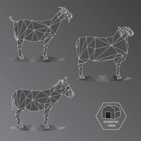 Grey scale illustration of geometric farm animals made of triangle polygons,wire outlineのイラスト素材