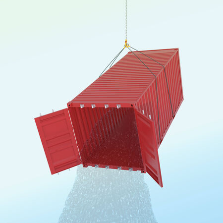 Import consumpcion problem concept - red metal freight shipping container on the hook with wather throw fro inside - photorealistic 3d perspective render の写真素材