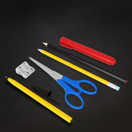 Welcome back to school set or items on office desk - 3d render on chalkboard, with cutting pathの写真素材