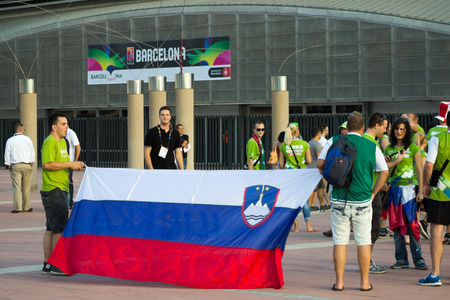 BARCELONA - SEPTEMBER 6, 2014 - Slovenia fans before match Round of 16 Basketball Worldcup, Slovenia vs Dominicana Republic Basketball Worldcup, Palau Sant Jordi stadium, Barcelona, Spain.のeditorial素材