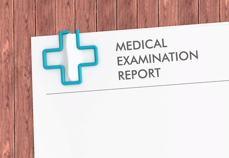 Medical examination report document template with cross paper clip on wood deskの写真素材