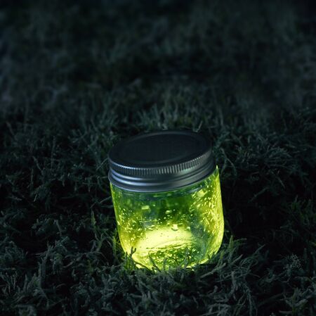 Close green light glowing jar of fairy tears on moss in the dark of the night.の写真素材