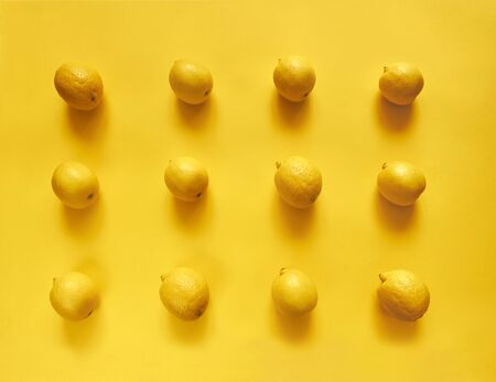 Lemons in rows on a yellow background with shadowsの写真素材