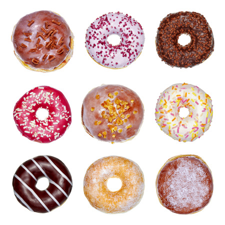 Set of nine different doughnuts isolated on white backgroundの写真素材