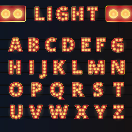 Broadway style light bulb alphabet on rails and dark background.のイラスト素材