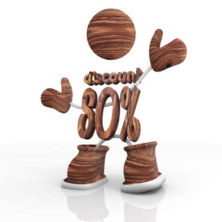 3d character with wooden -80 percent rabat Illustrationの写真素材