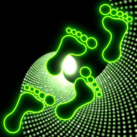 Neon green  electronic footprint icon walk through the night lifeの写真素材