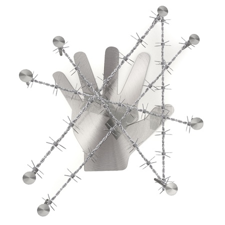 3d graphic with razor wire  arrest  with isolated hand signの写真素材