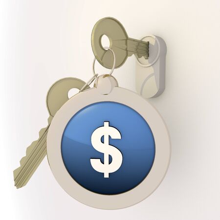 3d graphic Violet-blue  pictogram  with unlocked Dollar icon on key pendantの写真素材