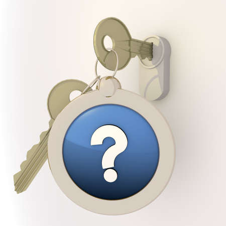 3d graphic Violet-blue  pictogram  with locked question icon on key pendantの写真素材