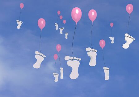 Many balloons with footprint symbol flying in the skyの写真素材