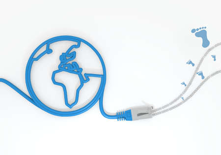 Medium Persian blue  sent foot print 3d graphic with sent footprint symbol with network cable and world symbolの写真素材