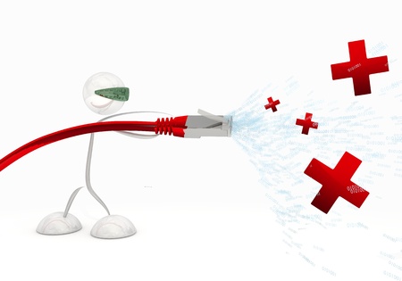 Red  stylish robot 3d graphic with exclusive cross symbol coming from data cable