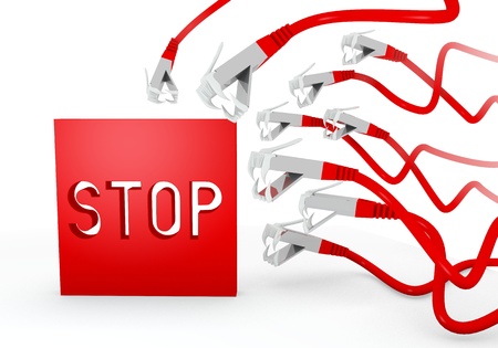 Red  hacked virus 3d graphic with hacked stop icon attacked by a cyber networkの写真素材
