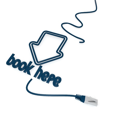 Smoky black  connected hyperlink 3d graphic with connected book here icon with cat5 network cable