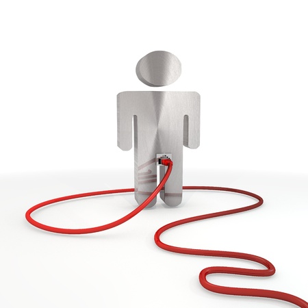 Pastel gray  isolated person 3d graphic with metallic man symbol connected with a network cable