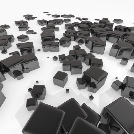 Black  futuristic box 3d graphic with futuristic abstract background with scattered cubesの写真素材