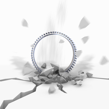 Blue  shattered destroy 3d graphic with isolated circle icon fallen from skyの写真素材