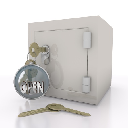 Steel blue  isolated security 3d graphic with safe open icon  on a safe doorの写真素材