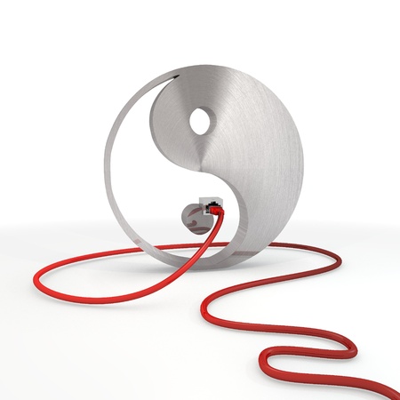 Pastel gray  exclusive harmony 3d graphic with isolated ying yang symbol connected with a network cableの写真素材