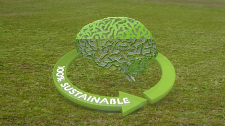 Green sustainable human 3d graphic with thinking brain symbol  on grassの写真素材