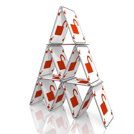 White  balanced unlock 3d graphic with insecure unsafe symbol  on a card houseの写真素材