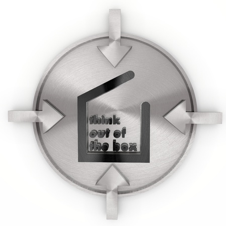 Pastel gray  cool design 3d graphic with isolated think out of the box symbol on metallic label