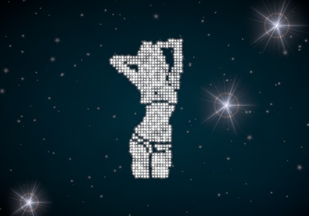 Black  glowing girl 3d graphic with glowing sexy woman symbol glittering on night skyの写真素材