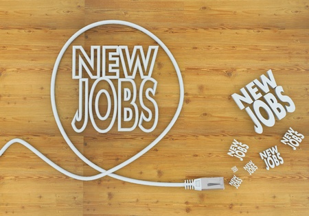 Light cyan  creative connection 3d graphic with wooden new jobs icon formed by an cableの写真素材