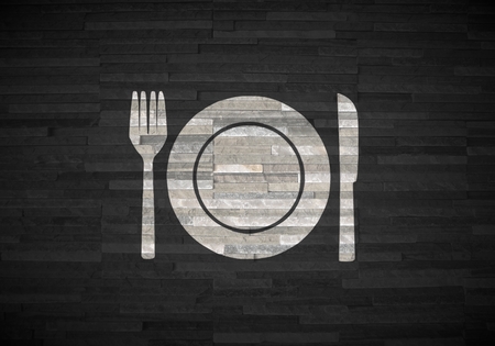 Pastel gray  creative lunch 3d graphic with cooking restaurant symbol  on noble stone textureの写真素材