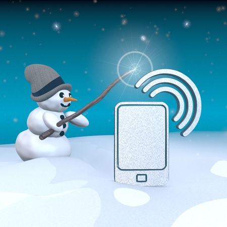 3d rendered snowman in snowy x-mas landscape with doing magic with a smart phone sign の写真素材